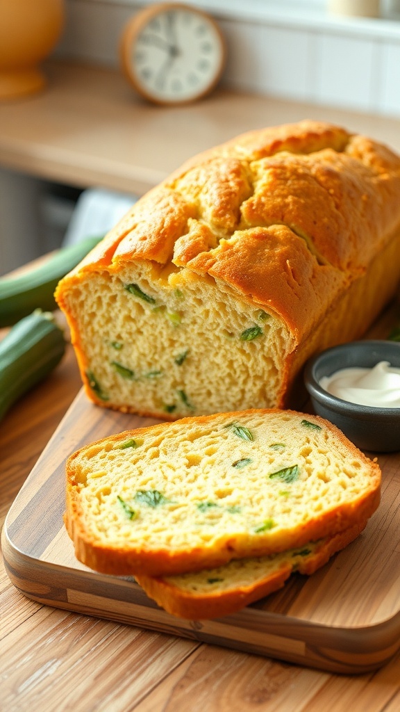 A loaf of zucchini yogurt bread sliced, showcasing its moist texture and flecks of zucchini, on a wooden board with yogurt and zucchini in the background.